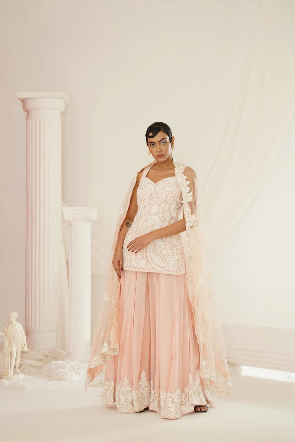 Blush Pink Embellished Kurta, Pallazo And Dupatta