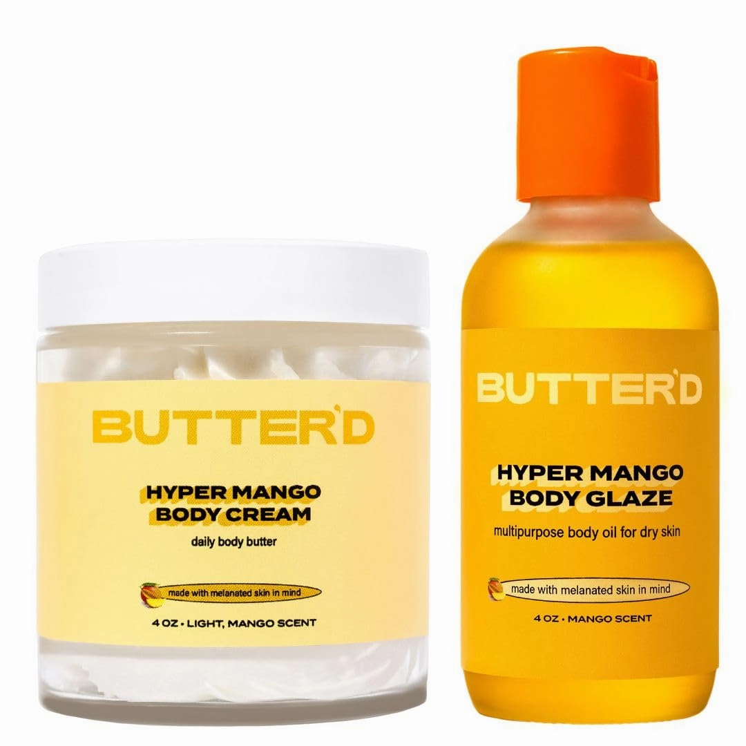 Butter'd Bodycare Hyper Mango Body Cream Mango Set - Bundle of Body Butter and Body Butter for Improving Hyperpigmentation Hydrating Rich in Vitamin C, Rose Hip Oil, Jojoba Oil (4 oz)