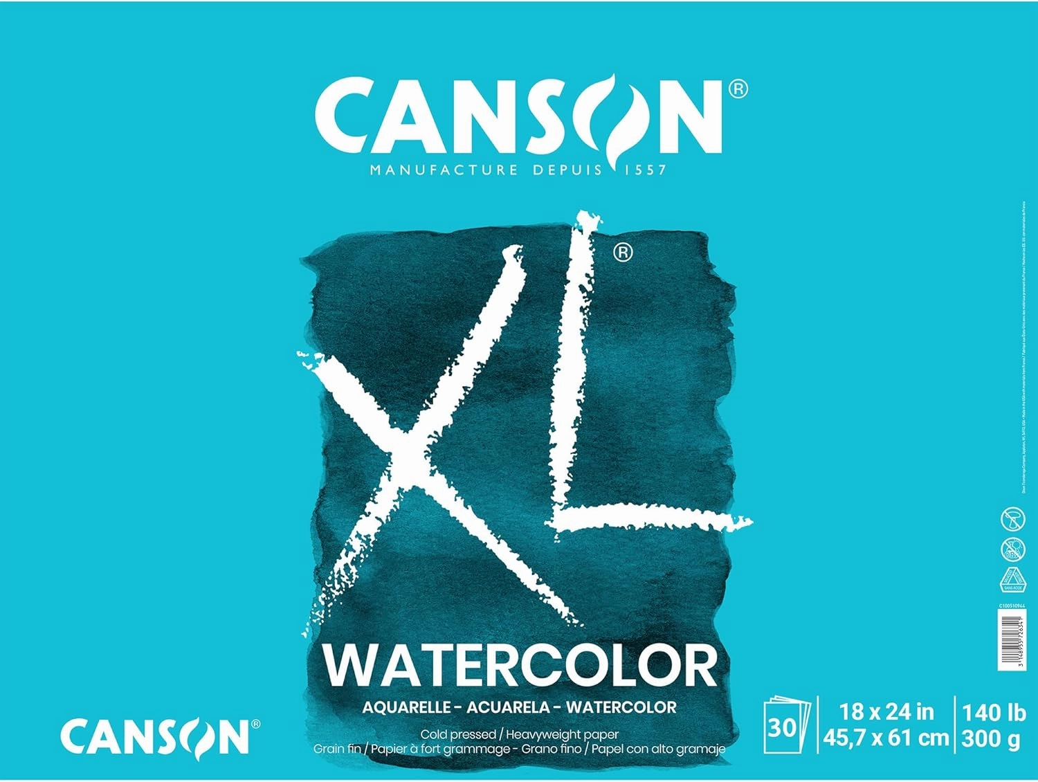 Canson XL Series Watercolor Pad, Heavyweight White Paper, Foldover Binding, 30 Sheets, 18x24 inch