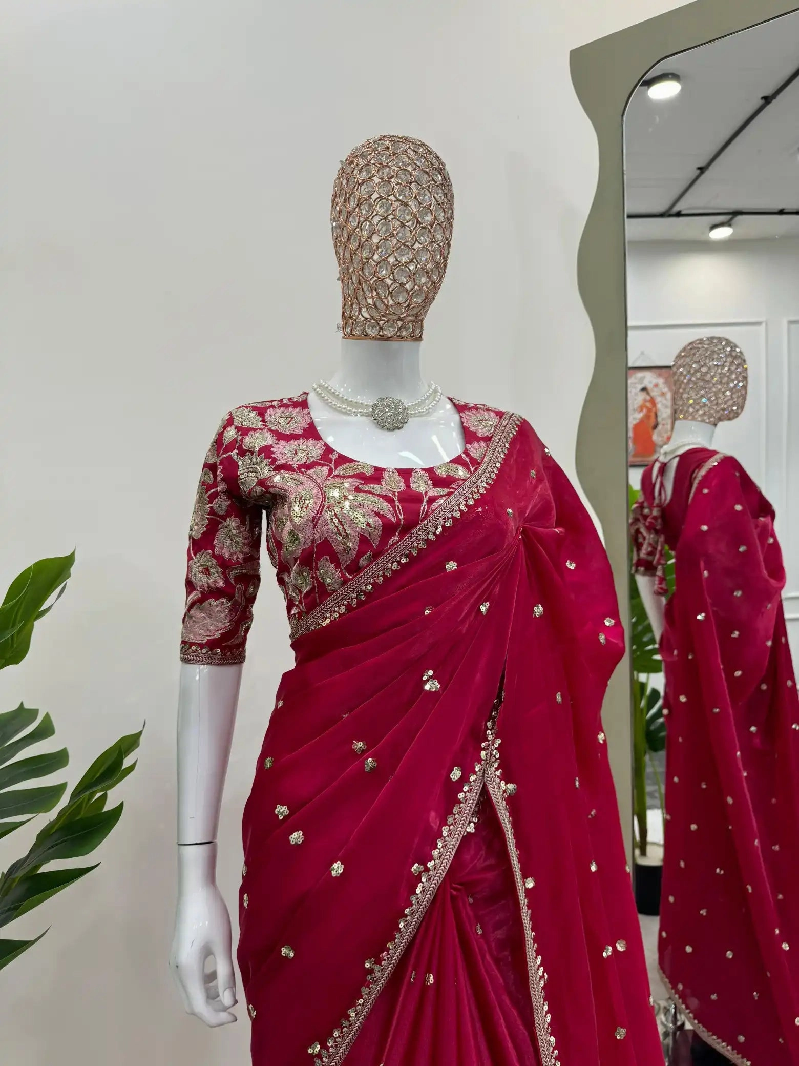 Cherry pink Shimmery Tissue Designer Saree