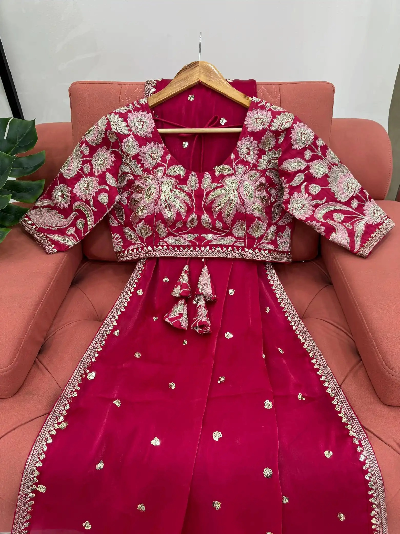 Cherry pink Shimmery Tissue Designer Saree