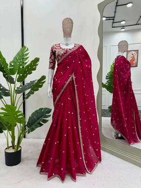 Cherry pink Shimmery Tissue Designer Saree