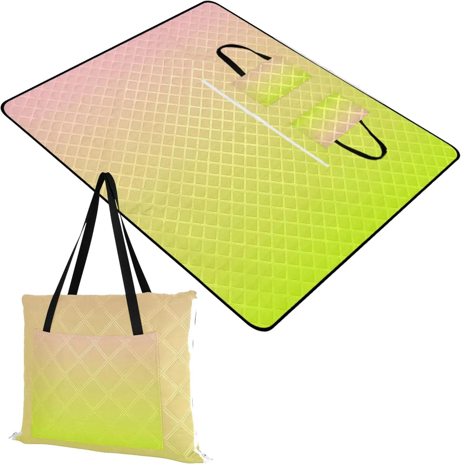 CHIFIGNO Blush Pink Light Lime Gradient Sandproof Beach Blanket Waterproof Outdoor Blanket for Grass Picnic Supplies Foldable Mat 80" x 60"