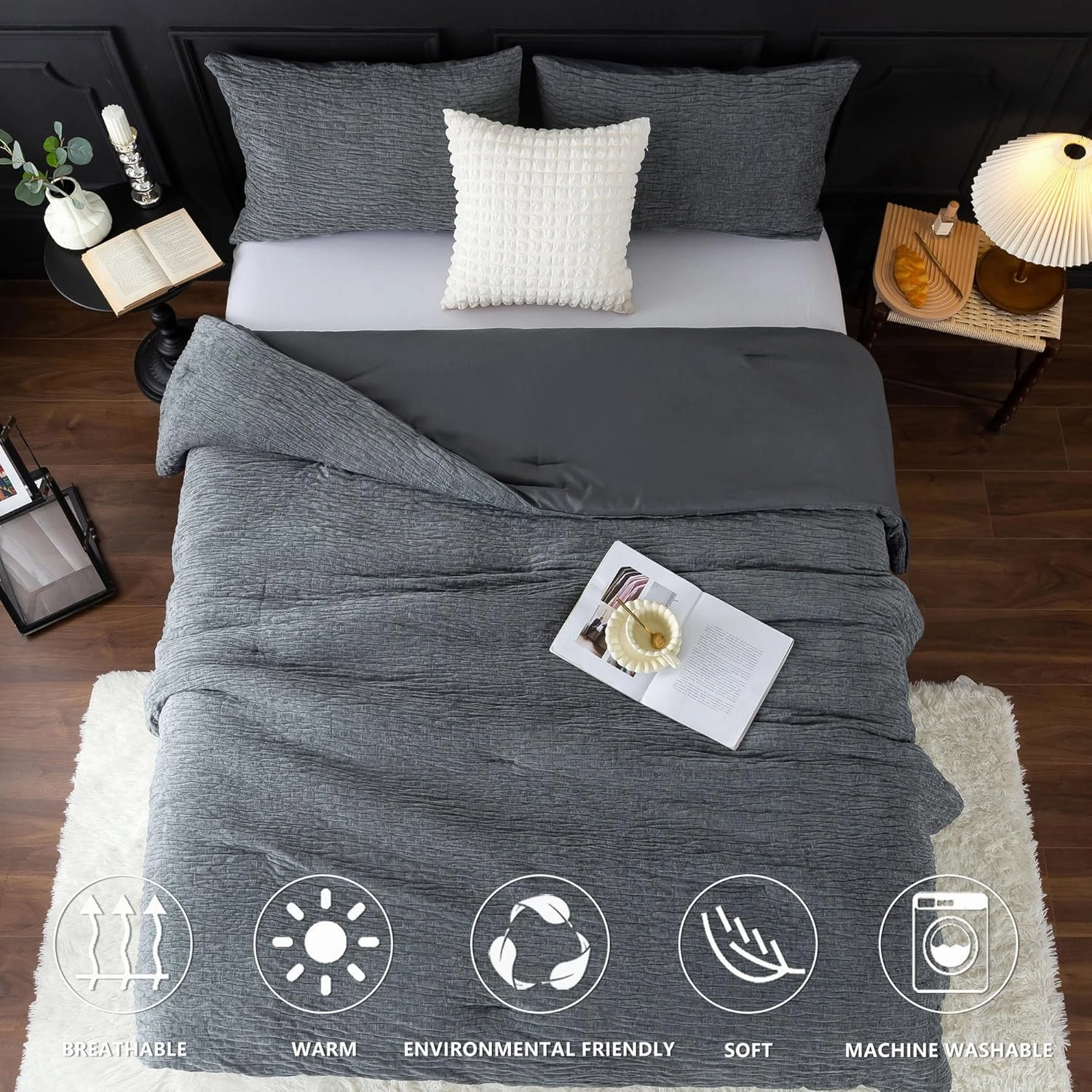COTTEBED Reversible Bed Comforter Set Queen Size, Luxury Textured Chenille Cotton Stripe Soft Modern Bedding Down Comforter, Lightweight All Season,1 Conforter & 2 Pillowshams (Grey,Full/Queen)