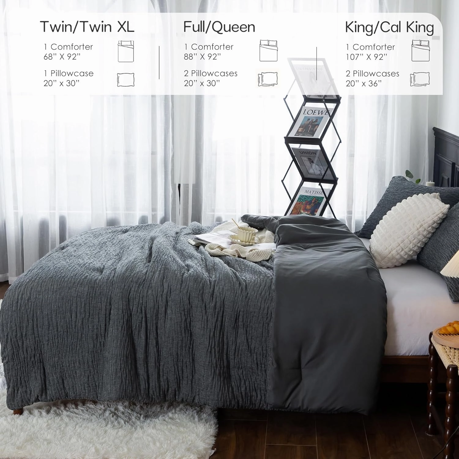 COTTEBED Reversible Bed Comforter Set Queen Size, Luxury Textured Chenille Cotton Stripe Soft Modern Bedding Down Comforter, Lightweight All Season,1 Conforter & 2 Pillowshams (Grey,Full/Queen)
