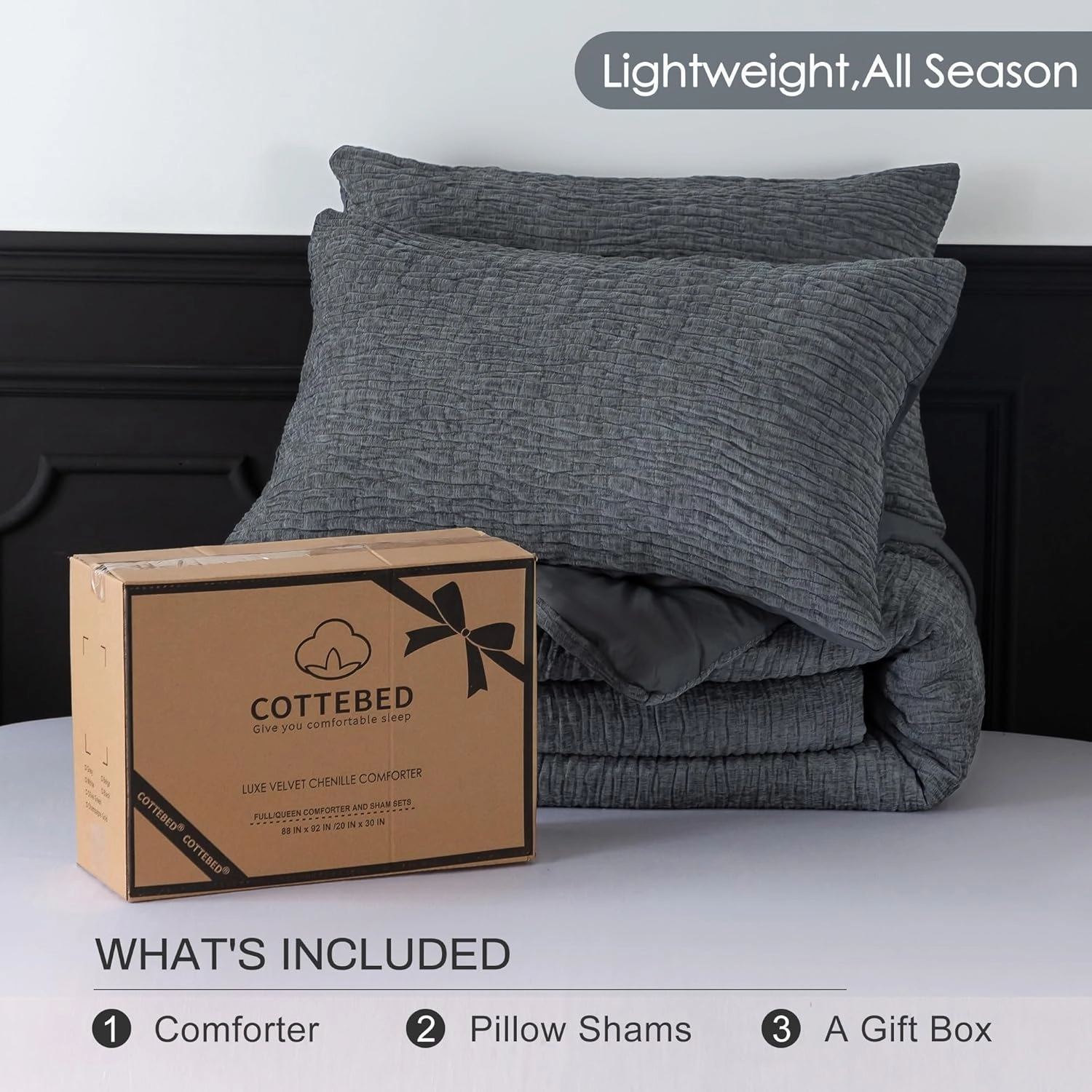 COTTEBED Reversible Bed Comforter Set Queen Size, Luxury Textured Chenille Cotton Stripe Soft Modern Bedding Down Comforter, Lightweight All Season,1 Conforter & 2 Pillowshams (Grey,Full/Queen)