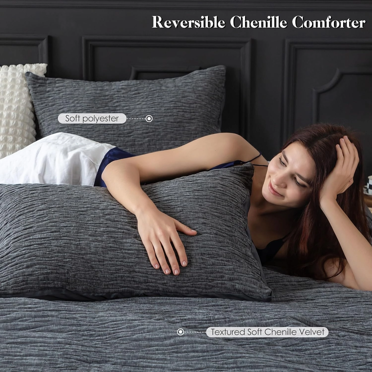 COTTEBED Reversible Bed Comforter Set Queen Size, Luxury Textured Chenille Cotton Stripe Soft Modern Bedding Down Comforter, Lightweight All Season,1 Conforter & 2 Pillowshams (Grey,Full/Queen)