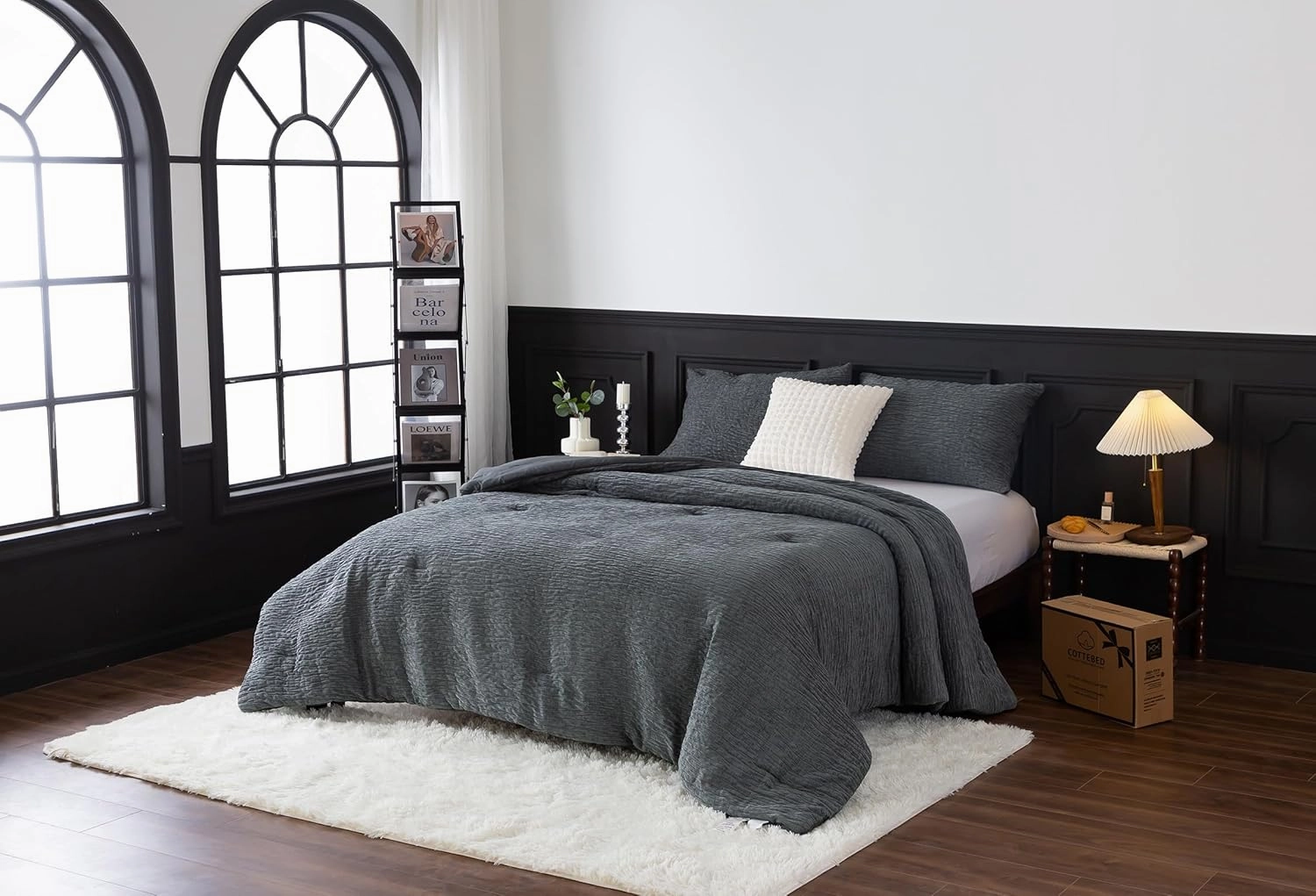 COTTEBED Reversible Bed Comforter Set Queen Size, Luxury Textured Chenille Cotton Stripe Soft Modern Bedding Down Comforter, Lightweight All Season,1 Conforter & 2 Pillowshams (Grey,Full/Queen)