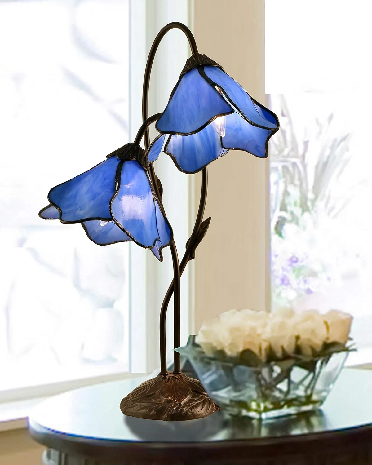 Dale Tiffany TT12147 Poelking 2-Light Blue Lily Table Lamp, Dark Antique Bronze