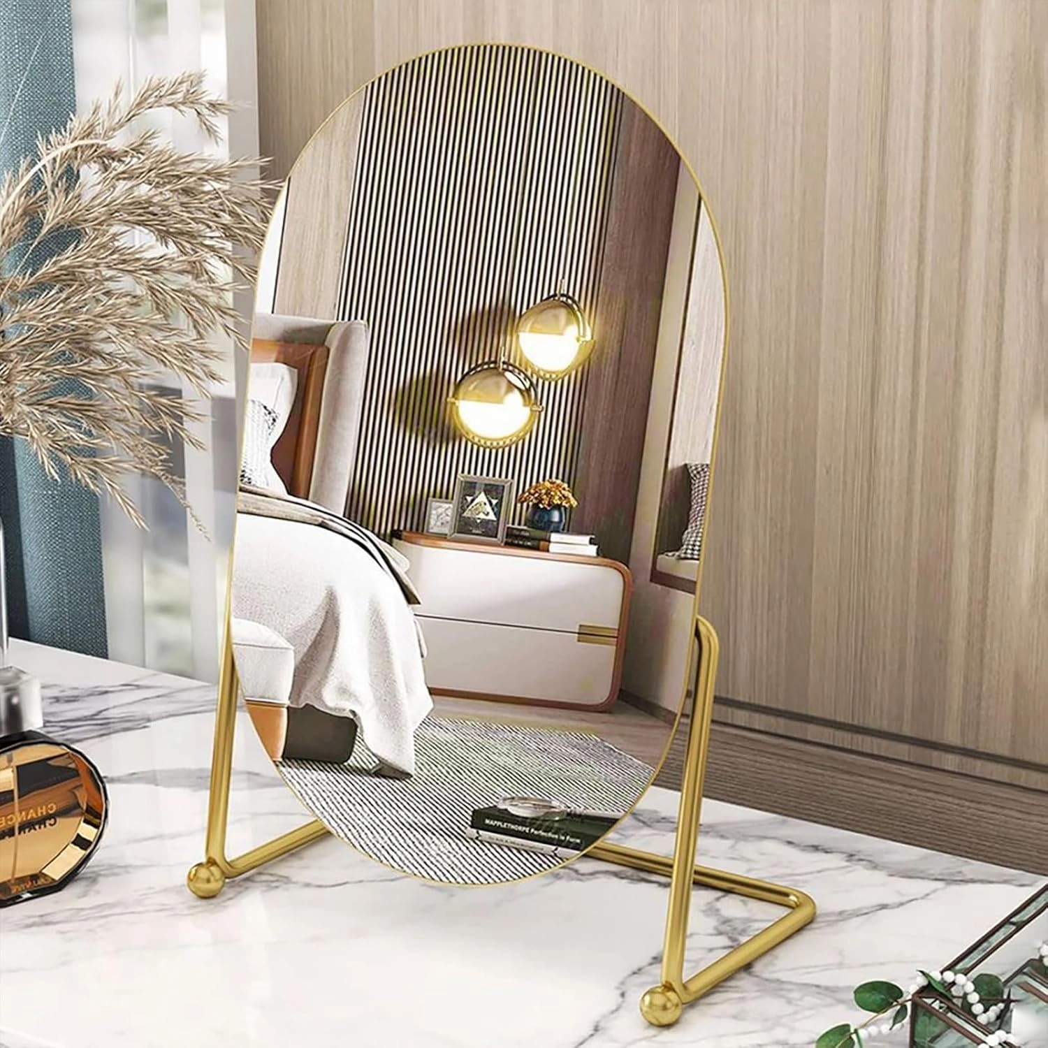 Desk Vanity Mirror with Stand Tabletop Makeup Table Mirrors Portable Table Make Up for Bedroom Golden Metal Framed Folding Bathroom Shaving Cosmetic Mirror