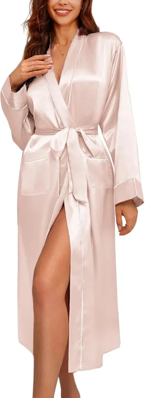 Ekouaer Satin Robes for Women Long Sleeve Silk Bathrobe Soft Lightweight Full Length Sleepwear Bridesmaid Wedding Party Robes