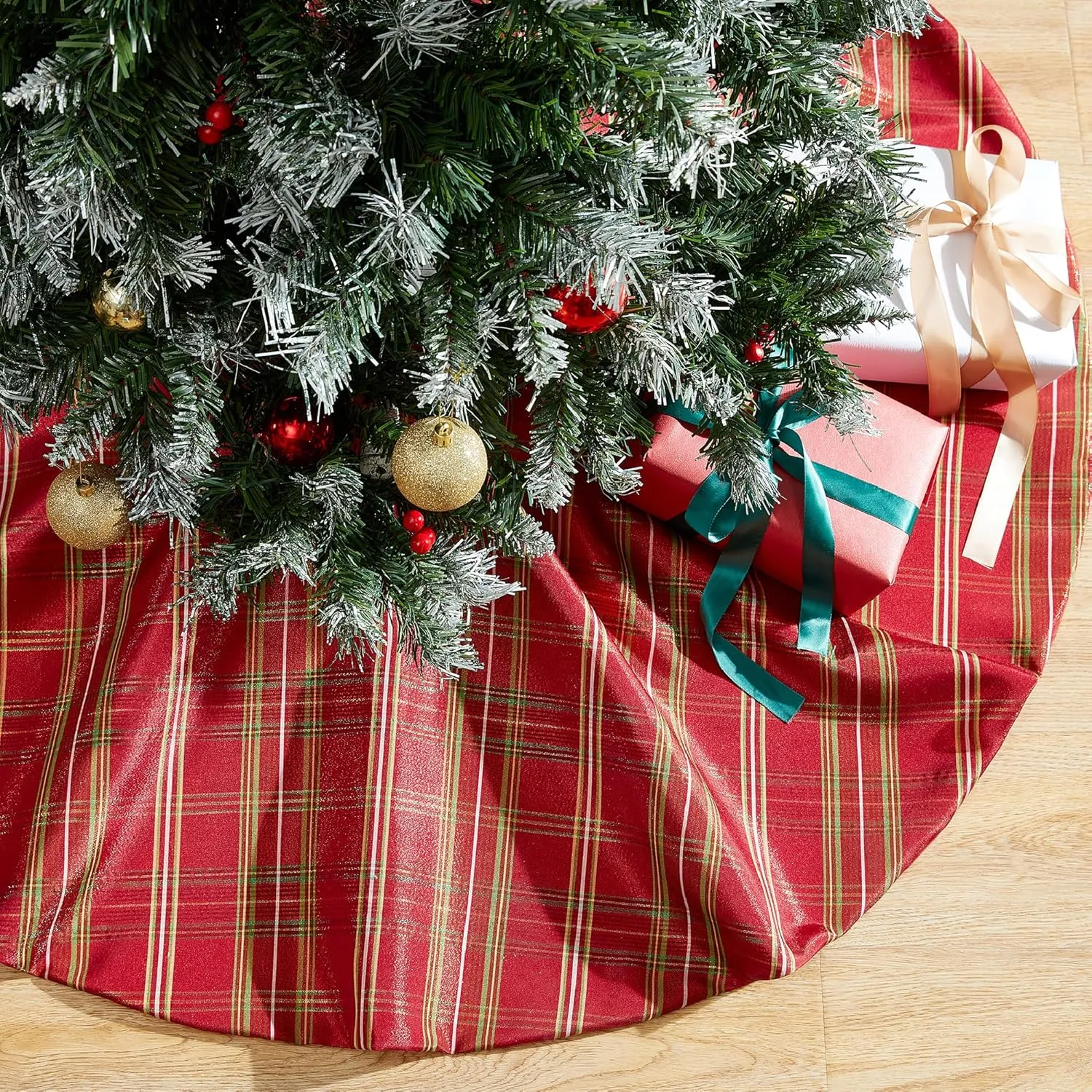 Elrene Home Fashions Shimmering Plaid Holiday Christmas Tree Skirt, Round, 48" x 48"