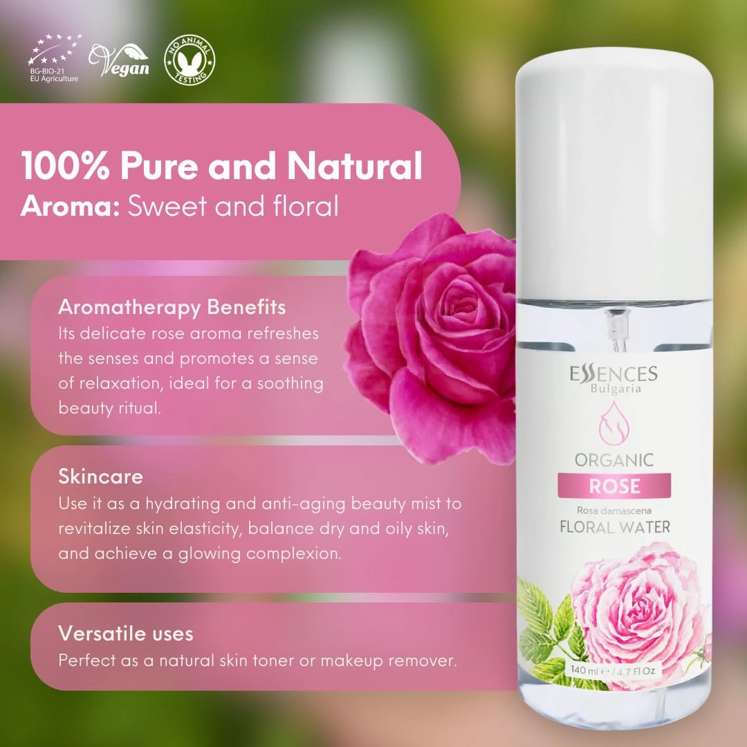 Essences Bulgaria | Organic Rose Floral Water 8.5 Fl Oz | 250ml | Rosa damascena | 100% Pure and Natural | Anti-Age Refreshing Beauty Mist | Alcohol-Free | Makeup Remover | Hydrating | Vegan
