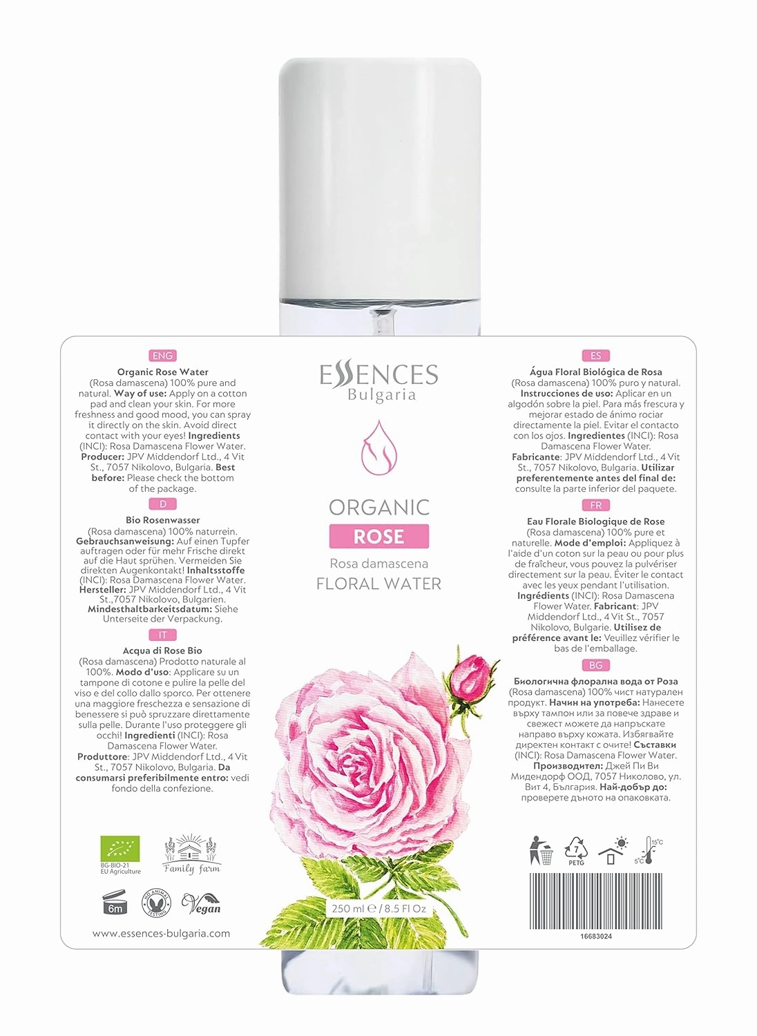 Essences Bulgaria | Organic Rose Floral Water 8.5 Fl Oz | 250ml | Rosa damascena | 100% Pure and Natural | Anti-Age Refreshing Beauty Mist | Alcohol-Free | Makeup Remover | Hydrating | Vegan