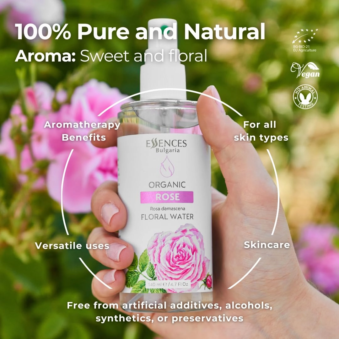 Essences Bulgaria | Organic Rose Floral Water 8.5 Fl Oz | 250ml | Rosa damascena | 100% Pure and Natural | Anti-Age Refreshing Beauty Mist | Alcohol-Free | Makeup Remover | Hydrating | Vegan