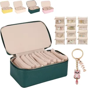 Familiarn Travel Jewelry Box with 12 Small Pouches, 2025 New Portable PU Flannel Leather Jewelry Organizer, 8.5×3.5×4.5IN Jewels Box for Necklace Rings Girls Birthday Gifts (Green)