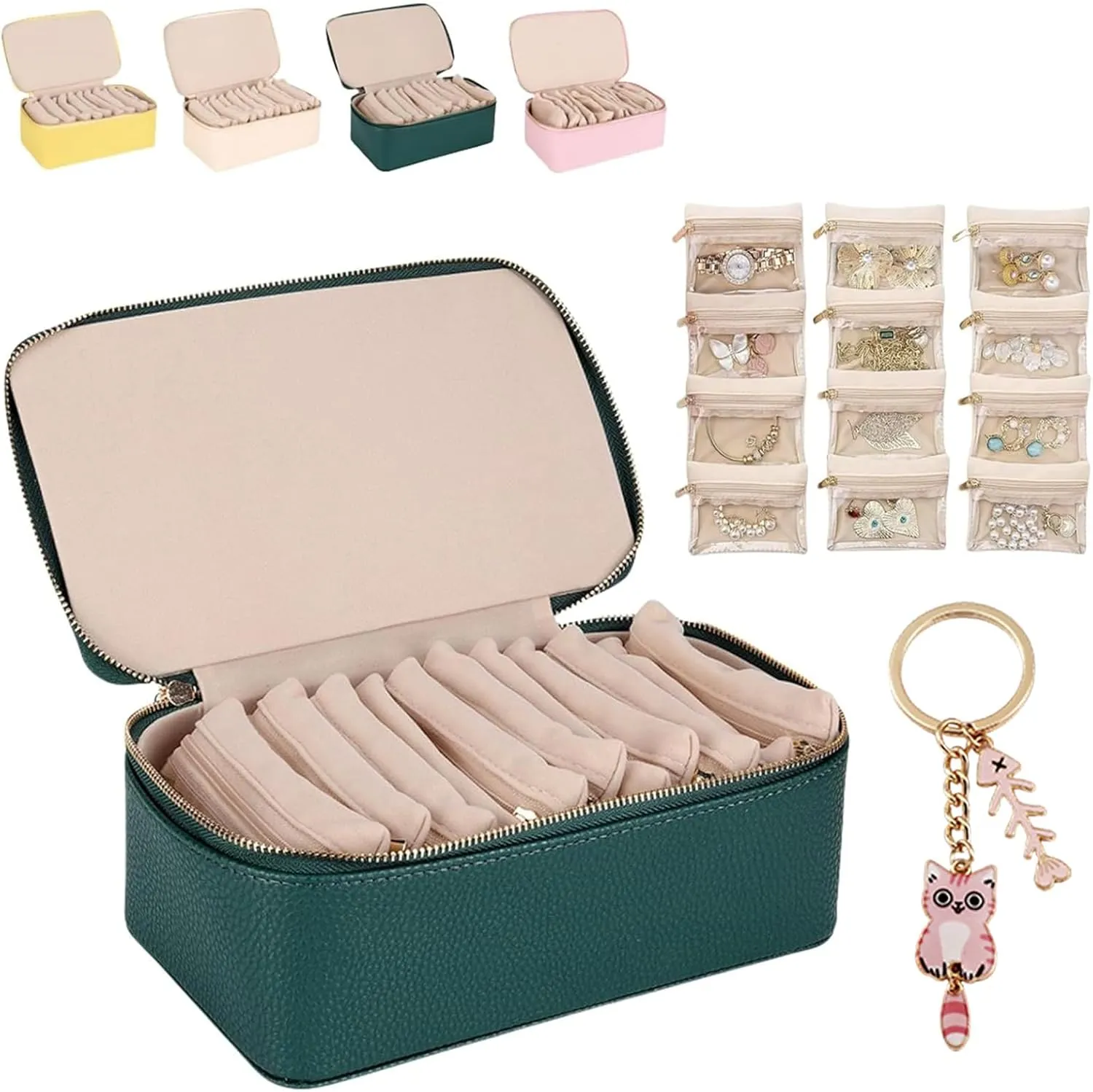 Familiarn Travel Jewelry Box with 12 Small Pouches, 2025 New Portable PU Flannel Leather Jewelry Organizer, 8.5×3.5×4.5IN Jewels Box for Necklace Rings Girls Birthday Gifts (Green)