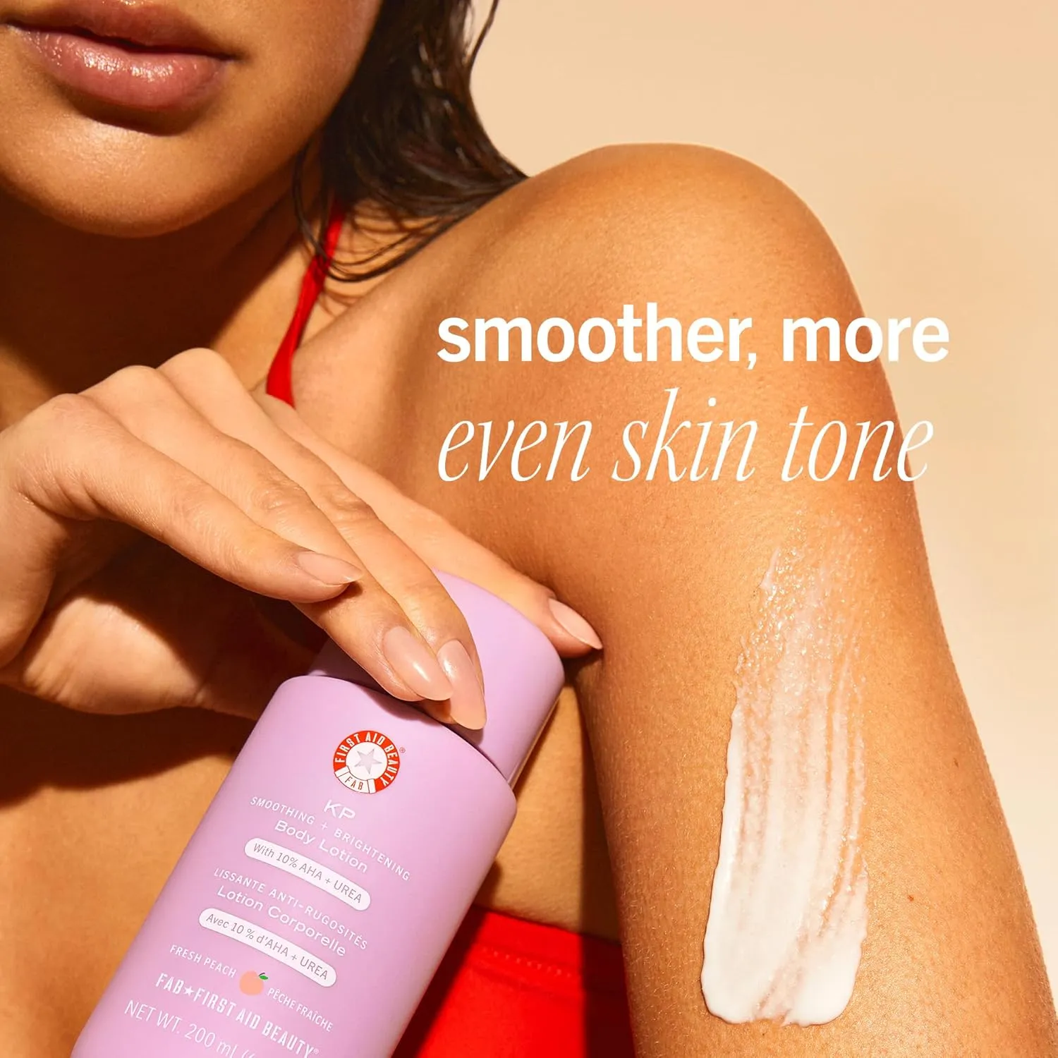 First Aid Beauty - KP Smoothing   Brightening Body Lotion with 10% AHA, Lactic Acid, Urea   Colloidal Oatmeal, Exfoliate   Moisturize, Banish Keratosis Pilaris Bumps, NEW Peach Scent (6. 7 fl oz)