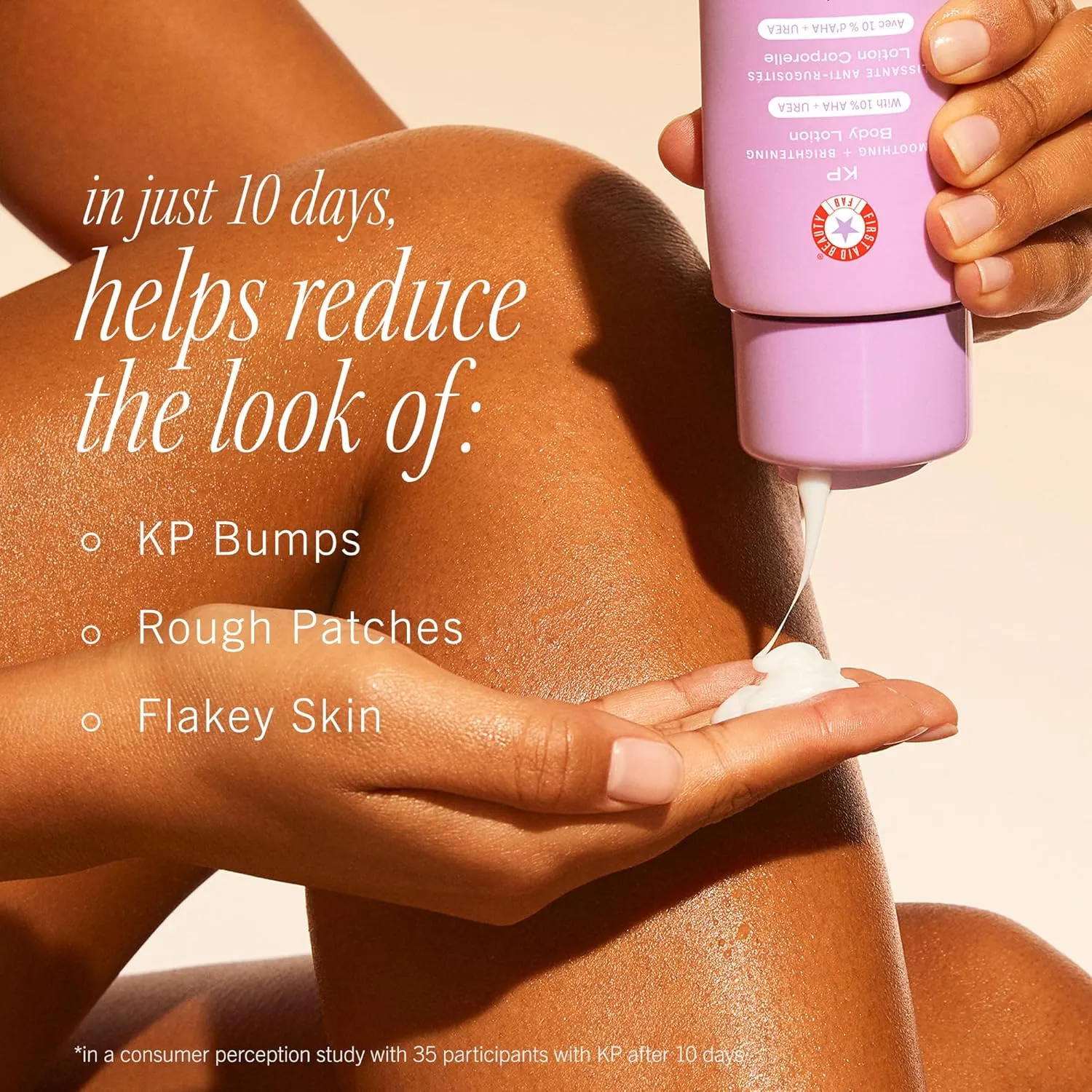 First Aid Beauty - KP Smoothing   Brightening Body Lotion with 10% AHA, Lactic Acid, Urea   Colloidal Oatmeal, Exfoliate   Moisturize, Banish Keratosis Pilaris Bumps, NEW Peach Scent (6. 7 fl oz)