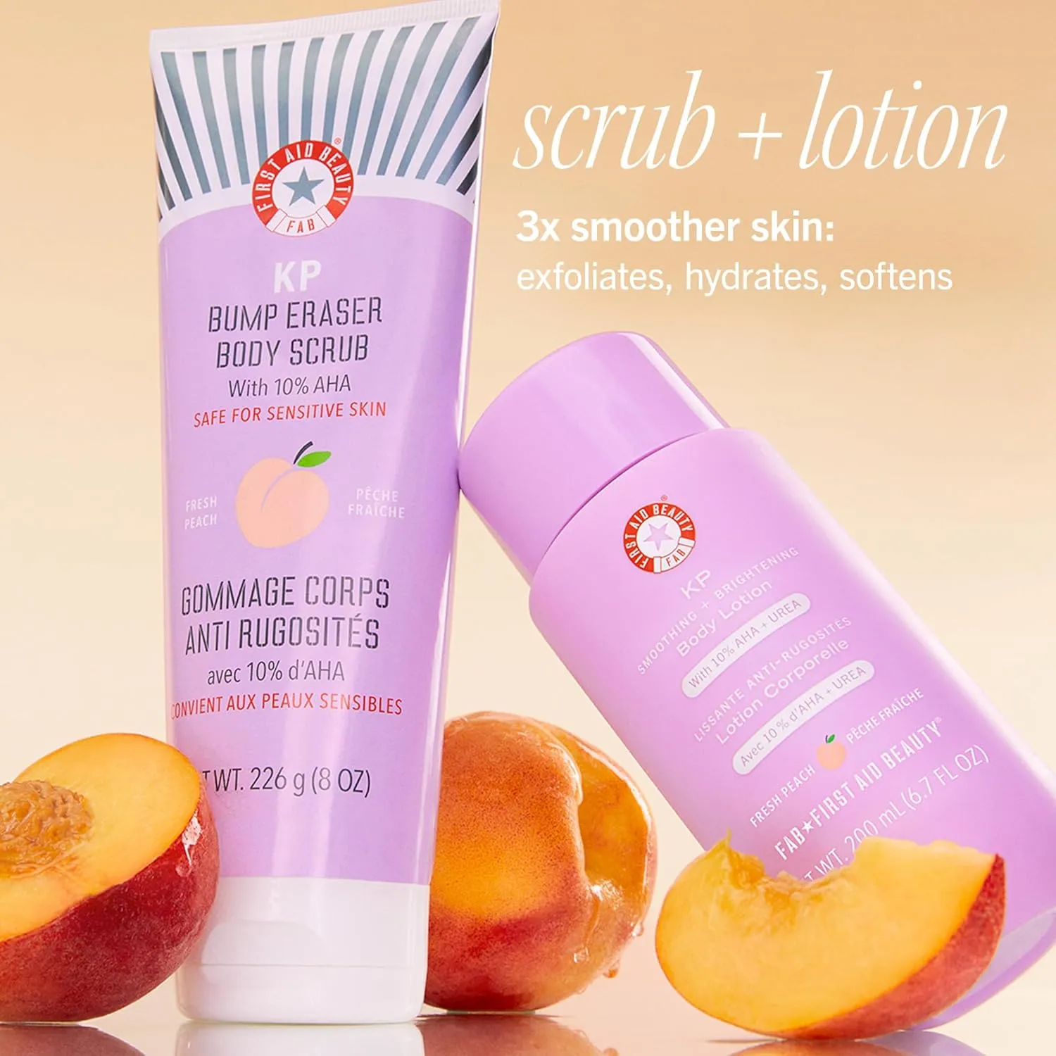 First Aid Beauty - KP Smoothing   Brightening Body Lotion with 10% AHA, Lactic Acid, Urea   Colloidal Oatmeal, Exfoliate   Moisturize, Banish Keratosis Pilaris Bumps, NEW Peach Scent (6. 7 fl oz)