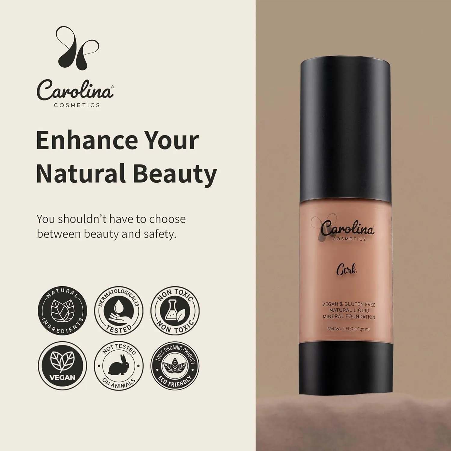 Foundation in Cork Shade Plant-Based - Hydrating, Pore-Minimizing & Buildable Coverage - Vegan, Non-GMO, Paraben-Free - 1oz