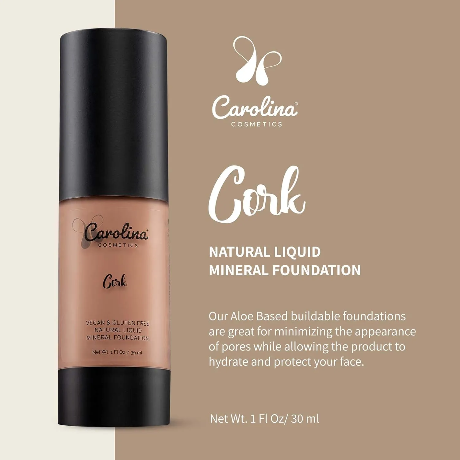 Foundation in Cork Shade Plant-Based - Hydrating, Pore-Minimizing & Buildable Coverage - Vegan, Non-GMO, Paraben-Free - 1oz