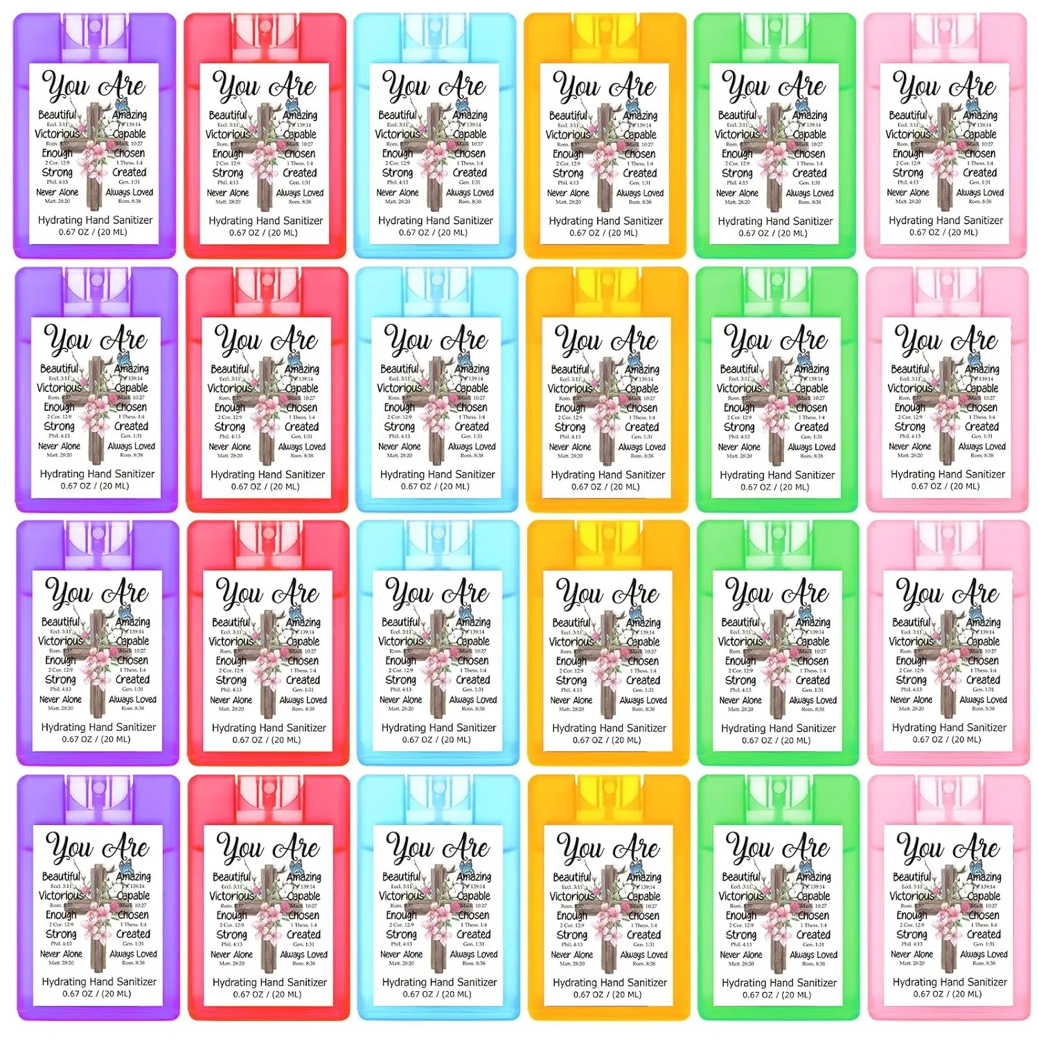 Frienda 24 Pcs Christian Hand Sanitizer Spray Bulk Travel Size Hydrating Hand Sanitizer Spray Mini Pocket Religious Christian Appreciations Gift for Women Coworker Summer Travel Picnic Favor