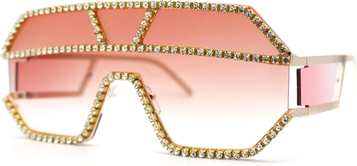 Fully Blinged Out Rhinestone Flat Top Mob Rimless Racer Sunglasses