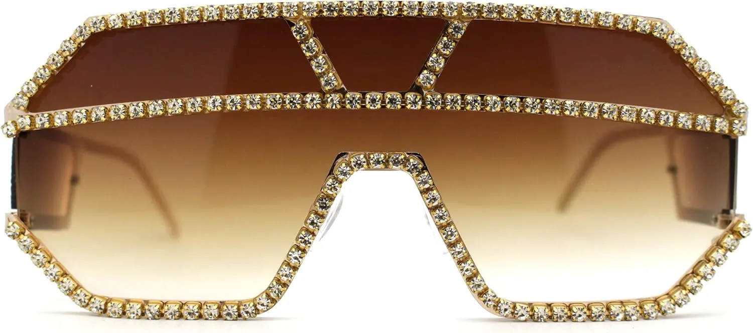 Fully Blinged Out Rhinestone Flat Top Mob Rimless Racer Sunglasses
