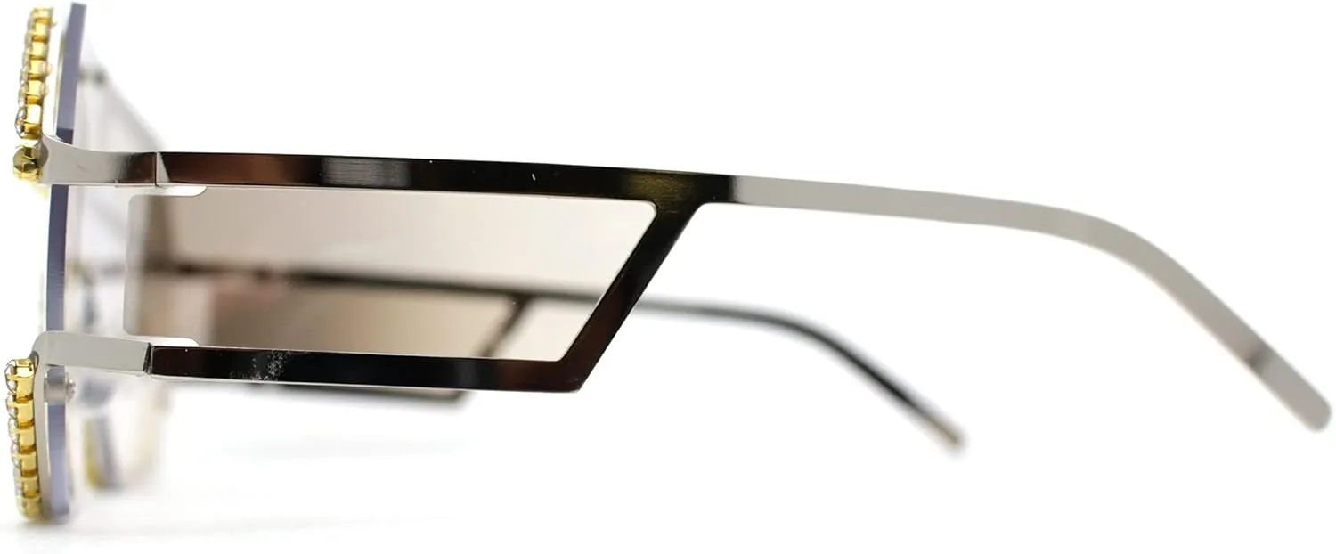 Fully Blinged Out Rhinestone Flat Top Mob Rimless Racer Sunglasses