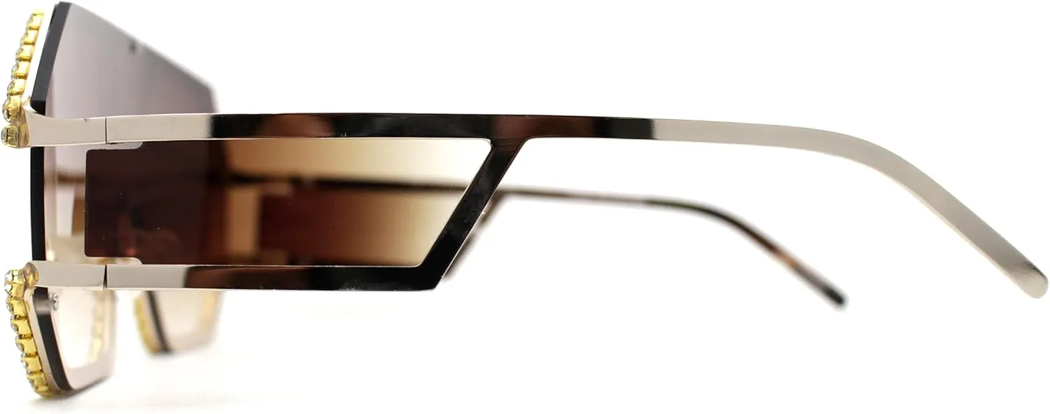 Fully Blinged Out Rhinestone Flat Top Mob Rimless Racer Sunglasses