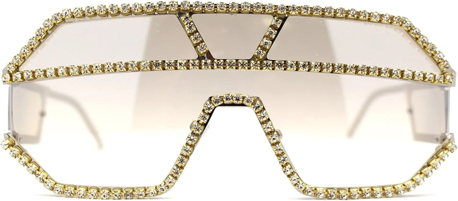 Fully Blinged Out Rhinestone Flat Top Mob Rimless Racer Sunglasses