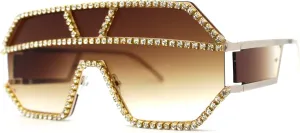 Fully Blinged Out Rhinestone Flat Top Mob Rimless Racer Sunglasses