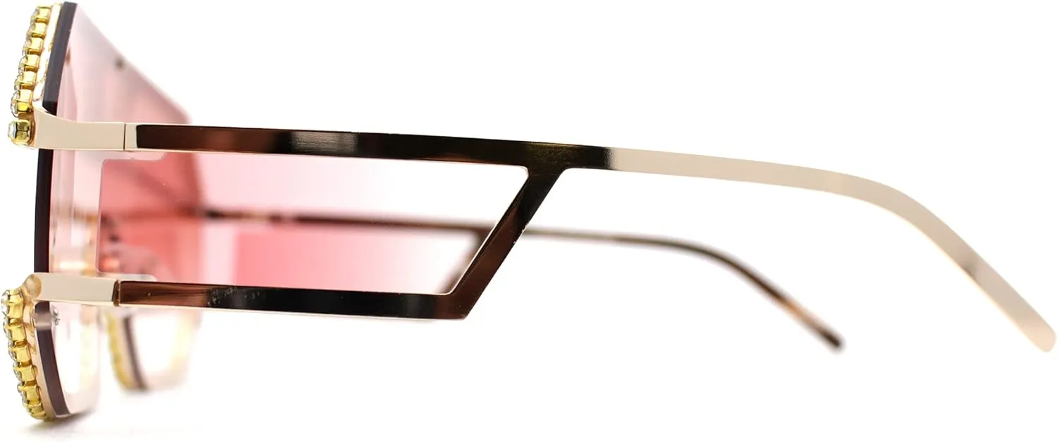 Fully Blinged Out Rhinestone Flat Top Mob Rimless Racer Sunglasses
