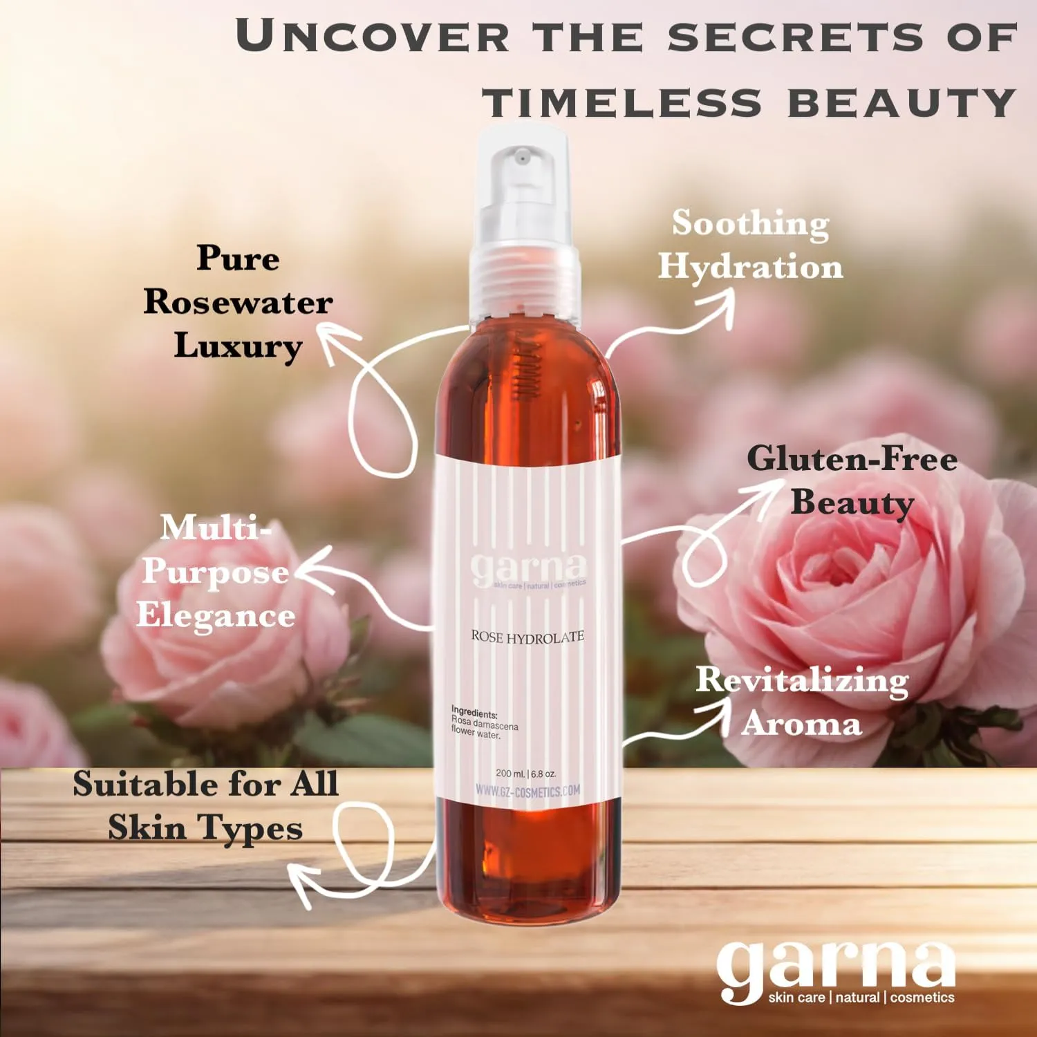 Garna Rose Water Spray 6.8 fl oz (Pack of 2): Pure Rosewater Hydrating Face Toner & Hair Mist for Natural Beauty Regimens and Heritage Care