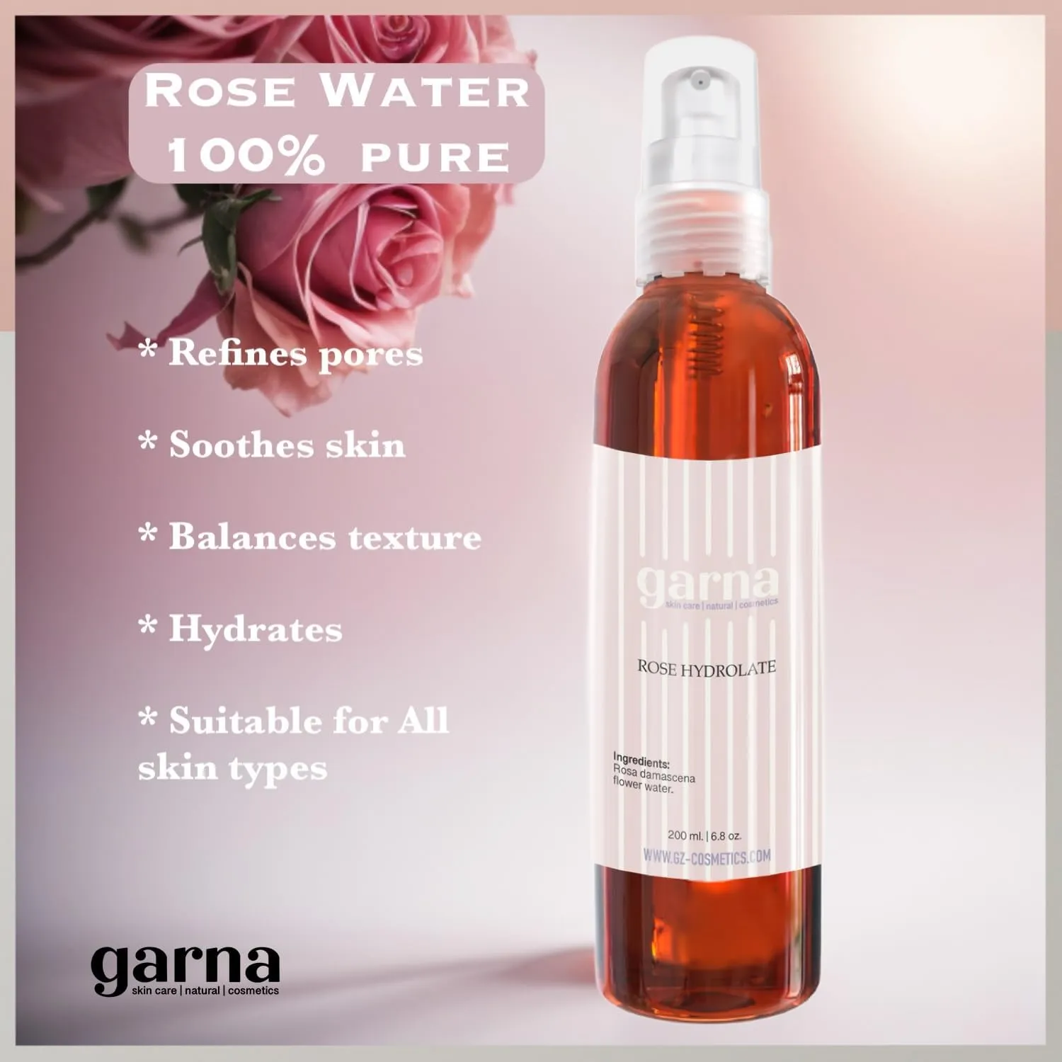 Garna Rose Water Spray 6.8 fl oz (Pack of 2): Pure Rosewater Hydrating Face Toner & Hair Mist for Natural Beauty Regimens and Heritage Care