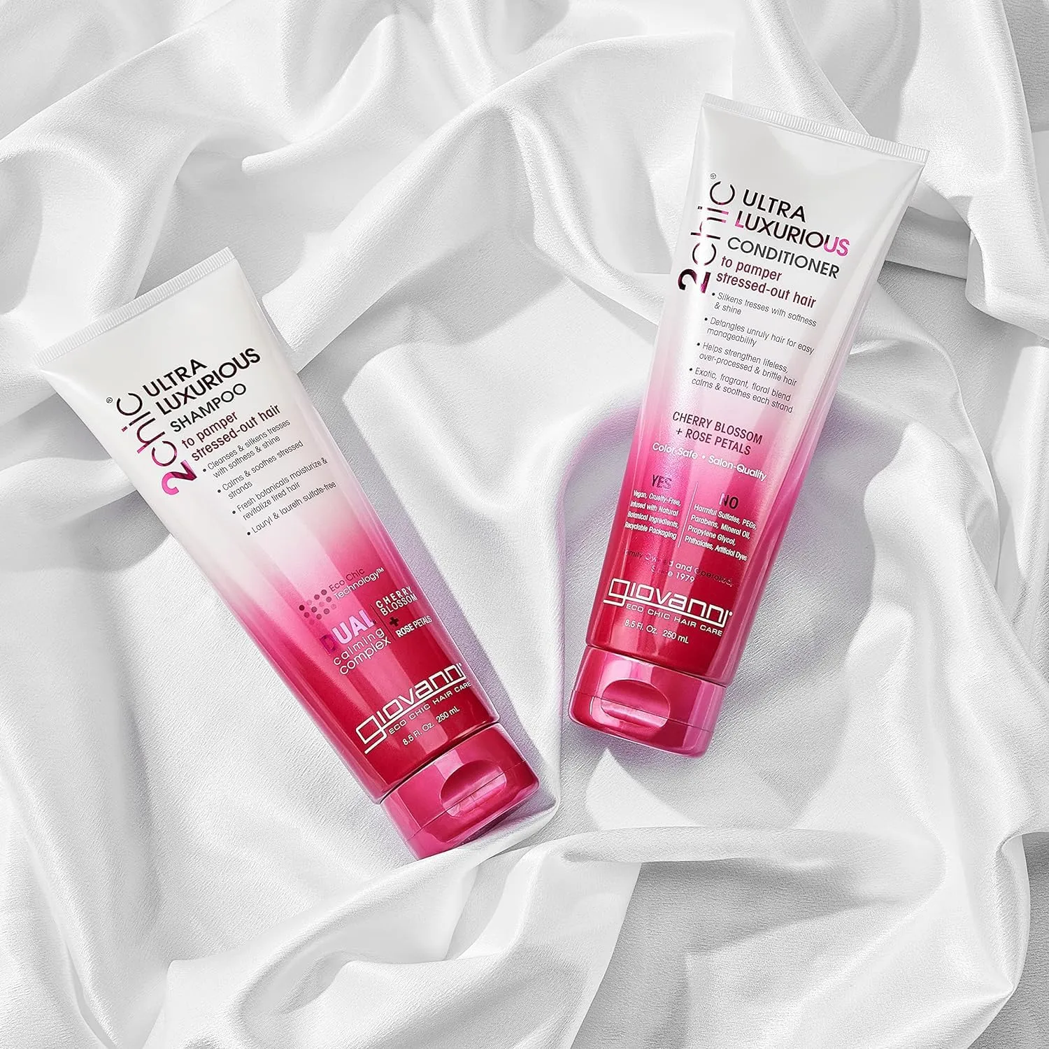 Giovanni 2chic Ultra-Luxurious Shampoo and Conditioner Set - Cleansing & Hydrating Care for Curly Hair, Clarifying & Moisturizing for Colored Hair - Rose & Cherry Blossom, 8.5 Fl Oz (Set of 2)