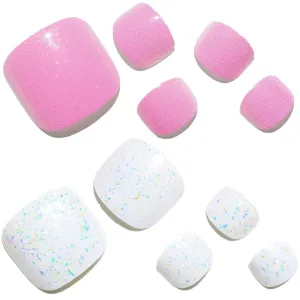 GLAMERMAID Press on Toenails,Bright Pink and White Glitter Toenails Press ons,48 Pcs 2 Sets UV Glossy Glue on Toenails for Women Girls,Reusable Acrylic Stick on Toenails for Spring Summer