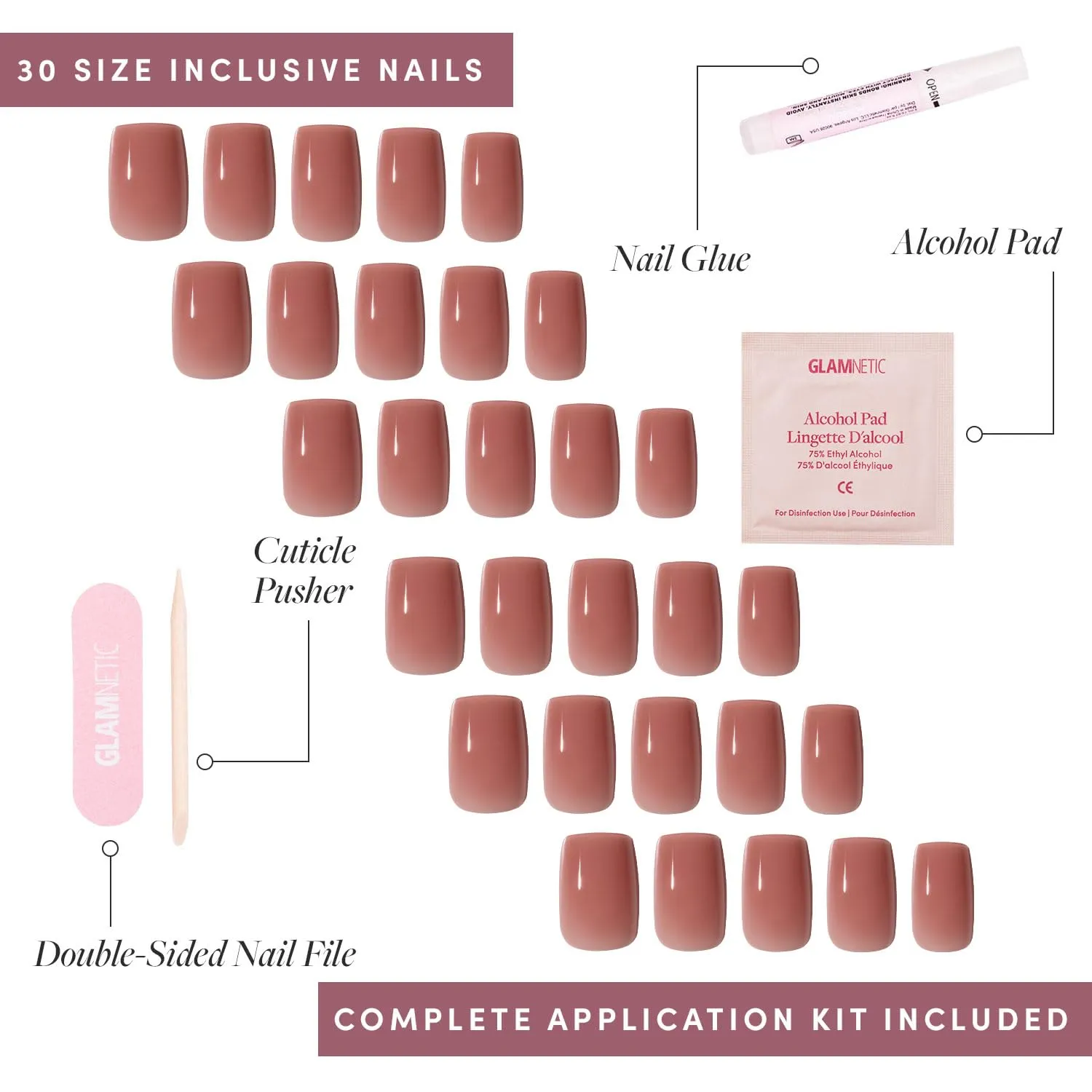 Glamnetic Press On Nails - Dusty Pink | Medium Square Fake Nails, Sheer Mauve Neutral, Reusable | 15 Sizes - 30 Nail Kit