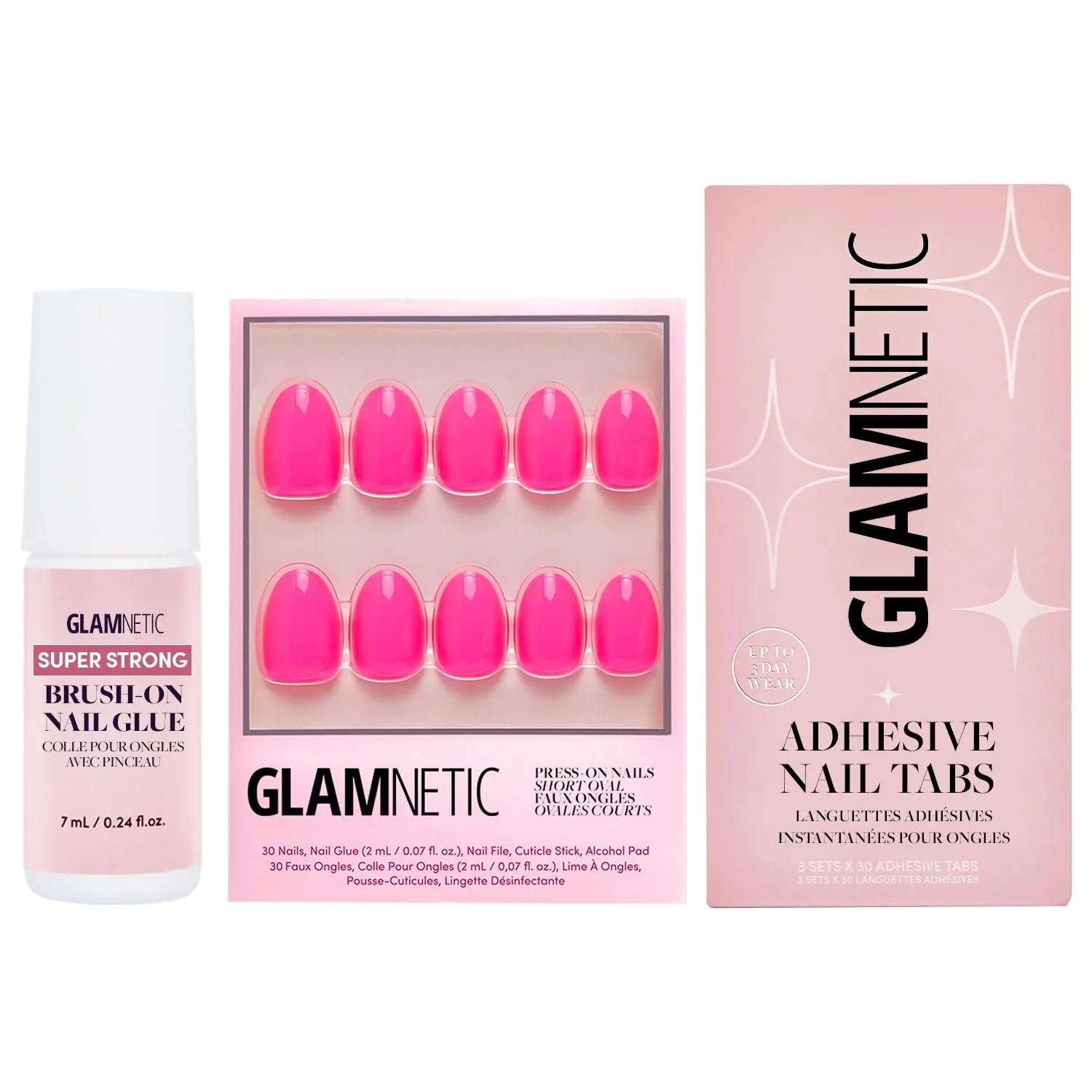 Glamnetic Press-On Nails - Hot Pink | Super Strong Brush On Nail Glue & Nail Adhesive Tabs | Neon Pink Short Oval Fake Nails | 15 Sizes - 30 Nail Kit with Glue & Nail Tabs