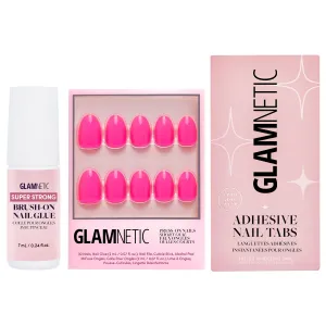 Glamnetic Press-On Nails - Hot Pink | Super Strong Brush On Nail Glue & Nail Adhesive Tabs | Neon Pink Short Oval Fake Nails | 15 Sizes - 30 Nail Kit with Glue & Nail Tabs