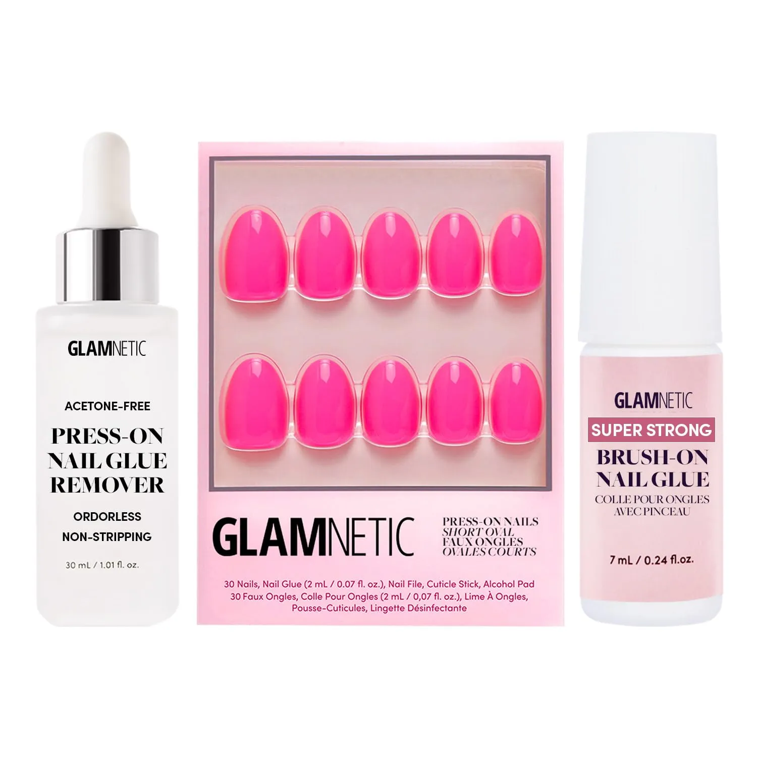 Glamnetic Press-On Nails - Hot Pink | Super Strong Brush On Nail Glue & Press-On Nail Remover | Neon Pink Short Oval Fake Nails | 15 Sizes - 30 Nail Kit with Glue and Remover