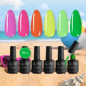 GLOSS Neon Gel Polish Set | 6 Pcs with Fluorescent Pink, Bright Pink, Neon Orange, Luminous Yellow, Green Lime & Neon Green Colors, LED Nail Varnish, Soak off DIY Nail Summer Polish for Women & Girls