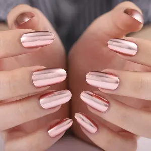 Glossy Press on Nails Rose Gold Long Oval Fake Nails Tips Full Cover Acrylic False Nails for Women and Girls（24Pcs）