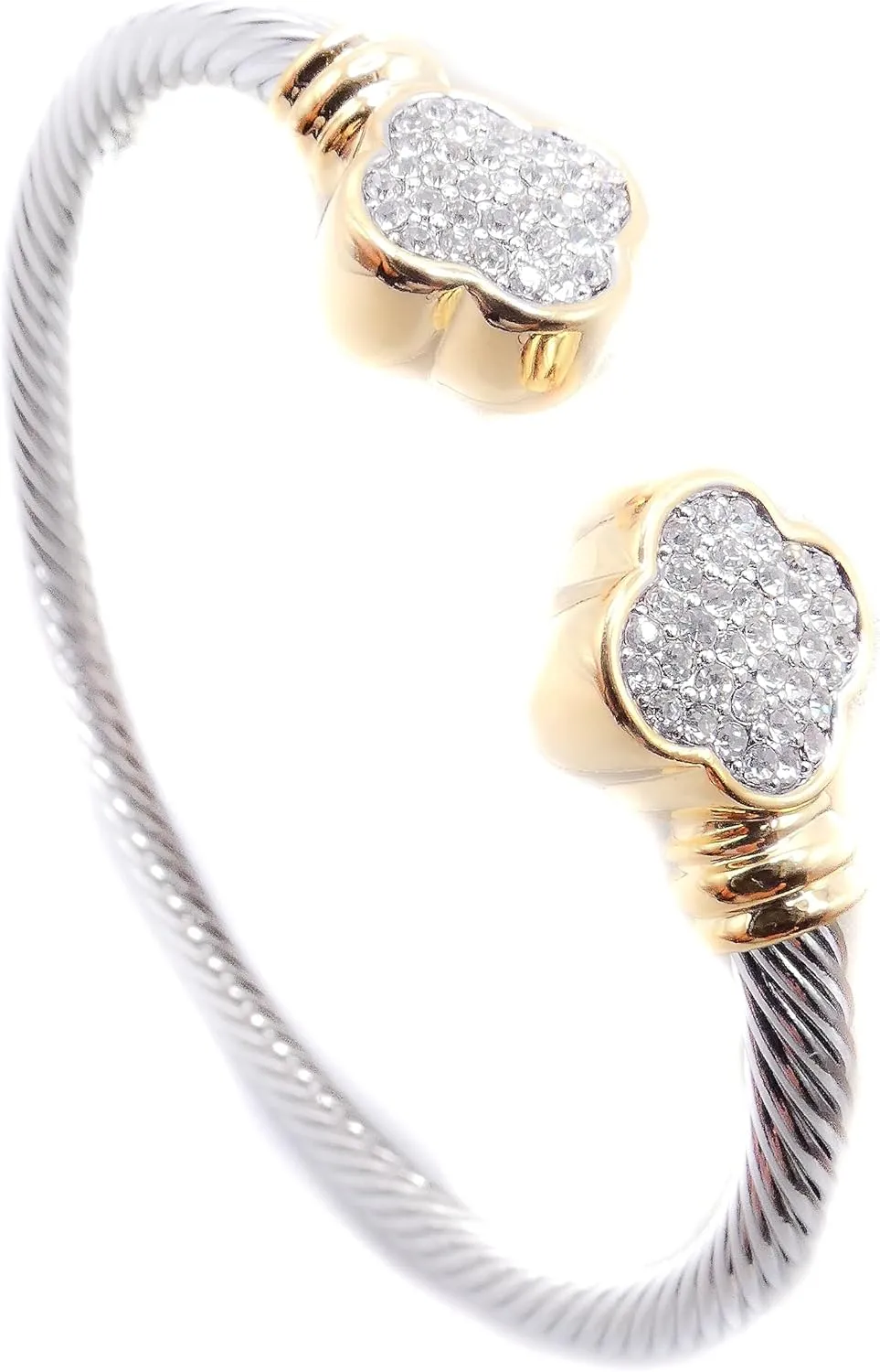 GORGEOUS 18kt Gold Plated Clover Flower End Tips Twisting Silver Cable Cuff Bracelet