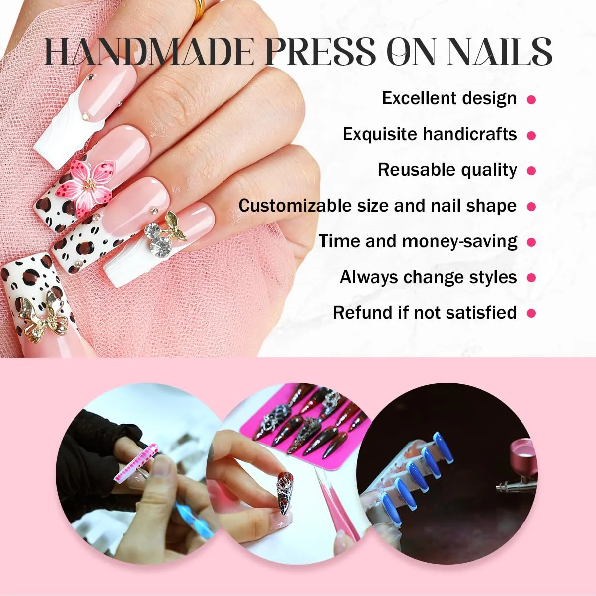 Handmade Press On Nails Luxury Rhinestone Décor long Coffin, Flowers Pink Nails Glossy Stick on Nails Full Elegant Sexy Style For Women(Large)