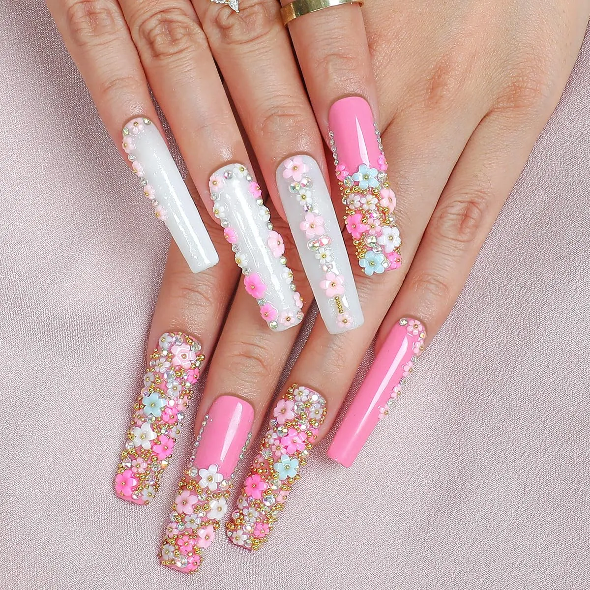 Handmade Press On Nails Luxury Rhinestone Décor long Coffin, Flowers Pink Nails Glossy Stick on Nails Full Elegant Sexy Style For Women(Large)