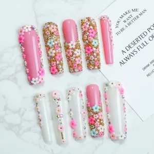 Handmade Press On Nails Luxury Rhinestone Décor long Coffin, Flowers Pink Nails Glossy Stick on Nails Full Elegant Sexy Style For Women(Large)