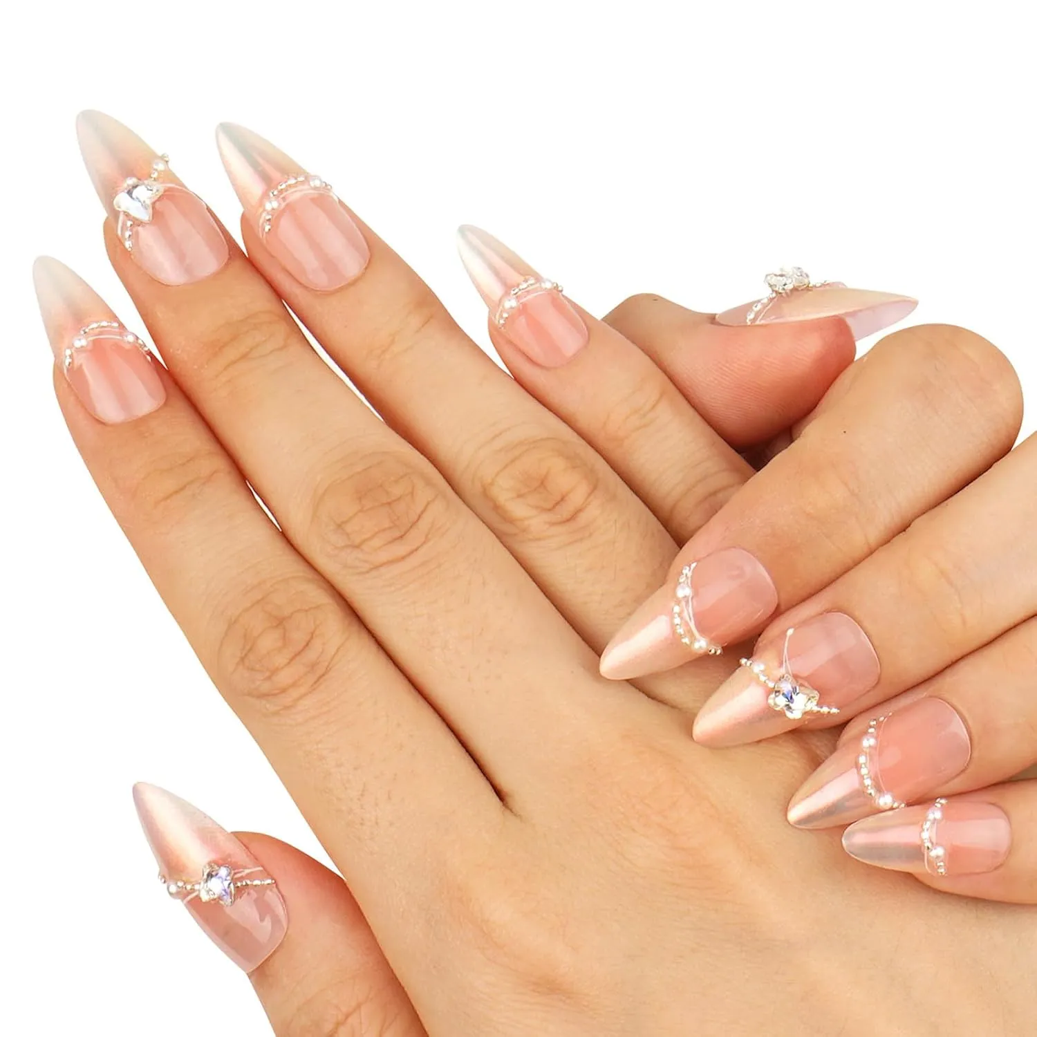 Handmade Press on Nails with Glue Handcraft Shimmery Pink Tips with Pearl Edging & 3D Crystal Butterfly, Medium Almond Shape 10pcs (Butterfly Whisper - S)