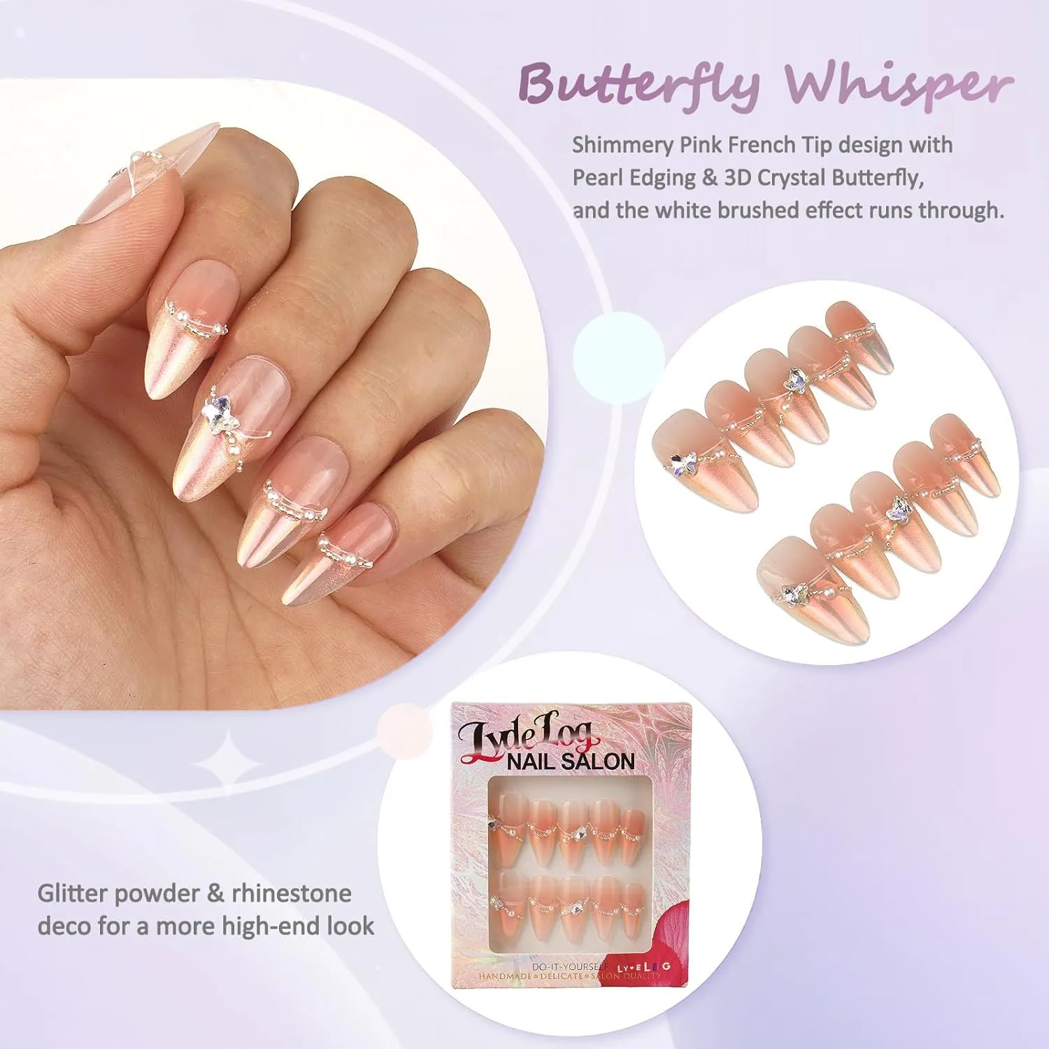 Handmade Press on Nails with Glue Handcraft Shimmery Pink Tips with Pearl Edging & 3D Crystal Butterfly, Medium Almond Shape 10pcs (Butterfly Whisper - S)
